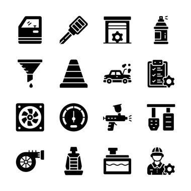 A set of black line icons depicting various automotive repair and maintenance tasks.