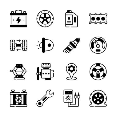 A collection of simple, black line icons depicting various automotive parts and tools.