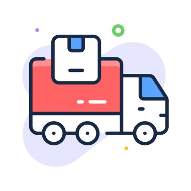 Basit, düz çizgi simgesi bir paket taşıyan teslimat kamyonu tasvir eder