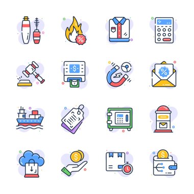 Çeşitli finansal ve iş kavramlarını temsil eden renkli, düz simgelerin bir derlemesi.