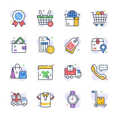 Düz simgelerin bu canlı koleksiyonu görsel olarak ekommerce ve perakende satış elemanlarının anahtar unsurlarını temsil etmektedir..