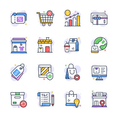 Ticaretin ve perakendenin çeşitli yönlerini tasvir eden düz dış hat simgelerinden oluşan bir koleksiyon