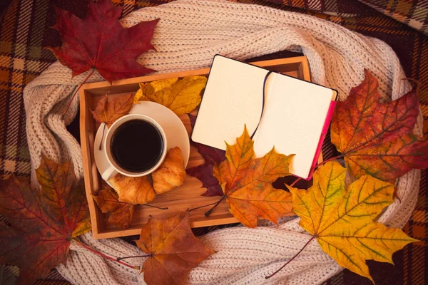 Caffè Croccanti Taccuino Aperto Sciarpa Grigia Foglie Acero Autunnale Caldo — Foto Stock