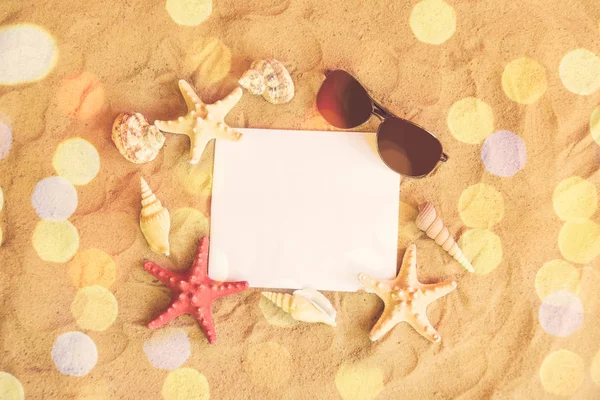 Empty Card Your Text Surrounded Sunglasses Starfishes Seashells Sand Beach — Stock Photo, Image