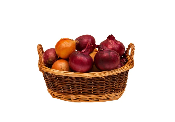 Purple Gold Onions Wicker Basket Isolated White — Stock Photo, Image