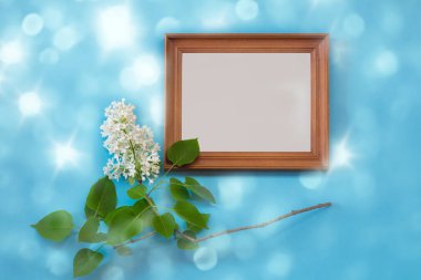 Mavi zemin üzerine beyaz leylak ve ahşap çerçeve dalı. Metniniz için kopya alanı. 