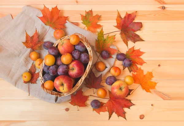 Panier en osier avec pommes, prunes colorées et feuilles d'érable d'automne sur fond en bois . — Photo