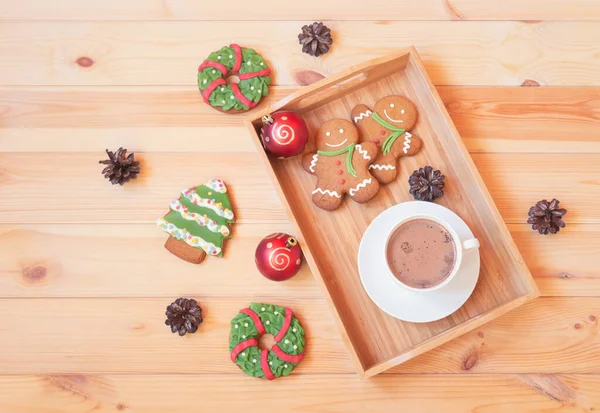 Christmas Gingerbread Cookies Cup Homemade Hot Chocolate Tray Wooden Table — Stock Photo, Image