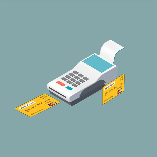 Isometrisk kassaterminal och betalning med bankkort kreditkort. Stockillustration