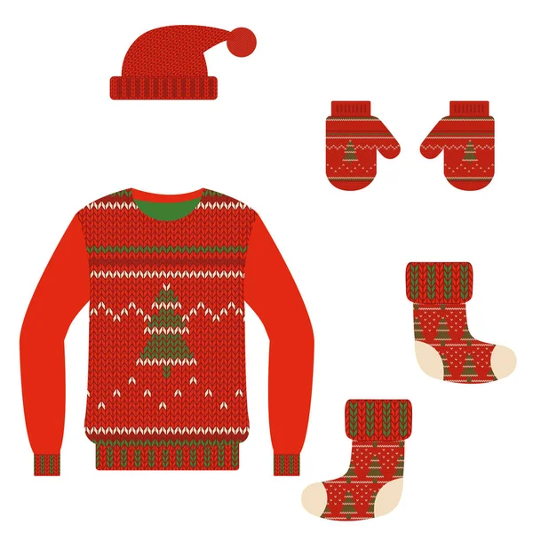 Conjunto de Natal roupas de malha quente. Vetor — Vetor de Stock