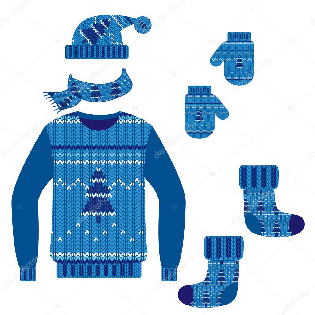 Set of winter warm knit clothes. Vector illustration.