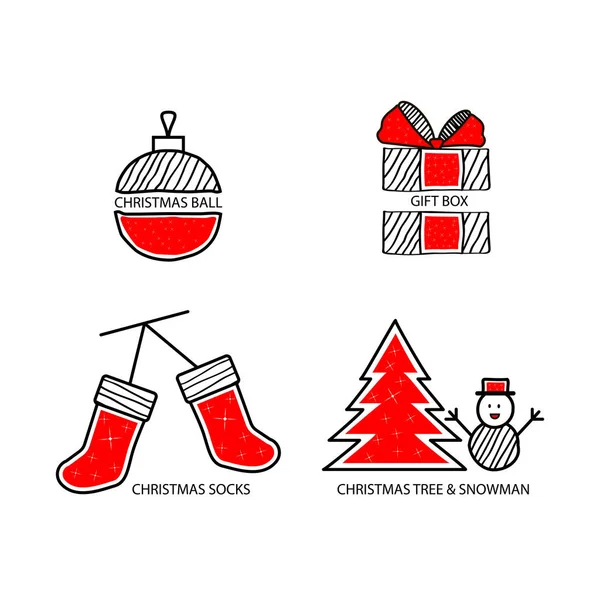 Palla di Natale, regalo di Natale, calzini di Natale e albero di Natale e pupazzo di neve . — Vettoriale Stock