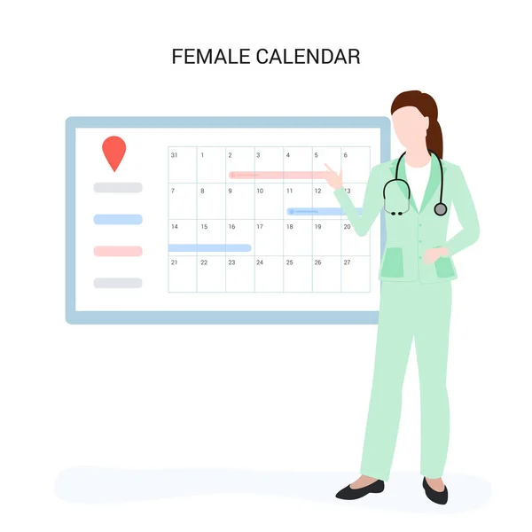 Medico femminile vicino al calendario femminile. Fissare un appuntamento online . — Vettoriale Stock