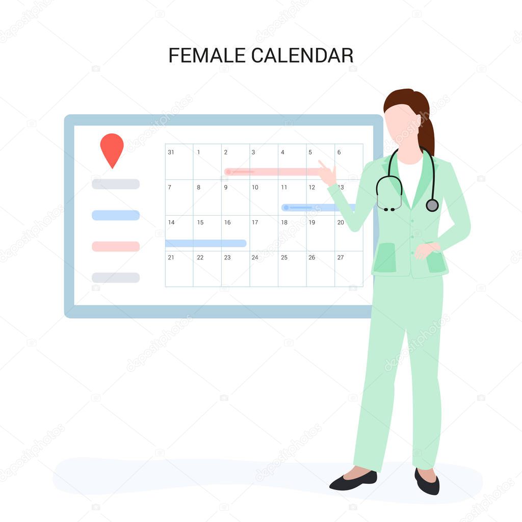Female doctor near the female calendar. Make an appointment online.