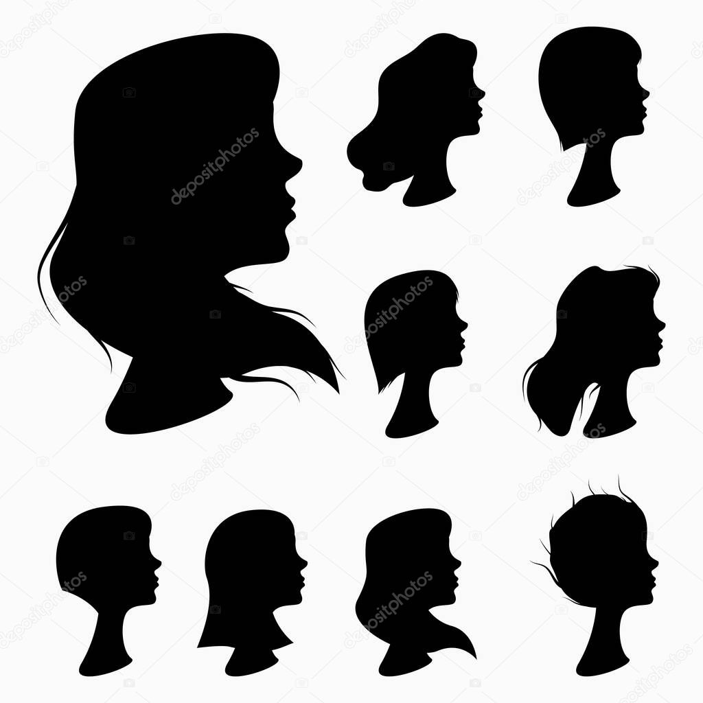 Vector illustration design for your project.  A set of silhouettes of women with different hairstyles.