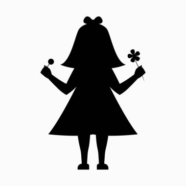 Projeniz için vektör illüstrasyon tasarımı. Elbiseli, lolipop ve çiçekli küçük bir kız silueti..