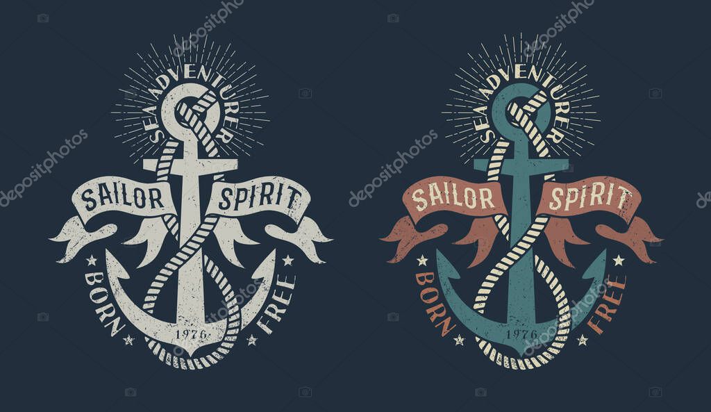 Marine logo, with anchor and heraldic ribbons on dark background. Monochrome and color in retro tones. Worn texture on a separate layer and can be easily disabled.