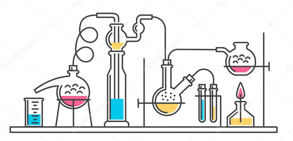 A composition of chemical flasks and hoses in a scientific laboratory. Vector color illustration in a line style. Possible reconfiguration.