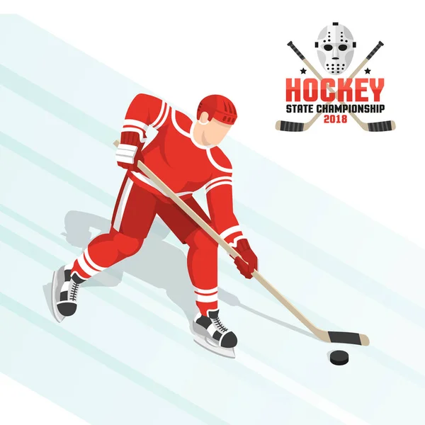A hockey player leads the puck on ice in a red uniform — Stock Vector