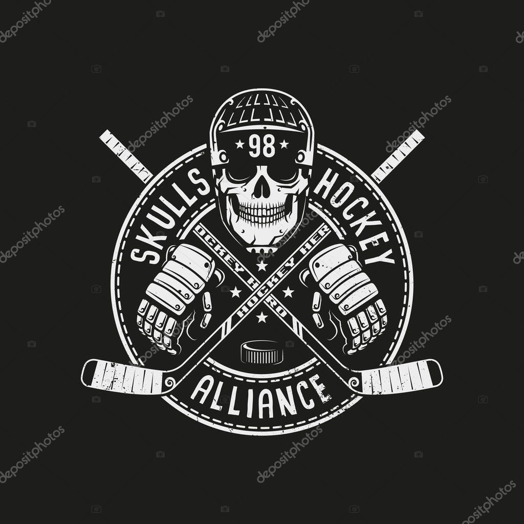 Hockey logo, mascot with skull in a helmet, circular banner and crossed sticks on a black background. For team or league. Vector illustration.