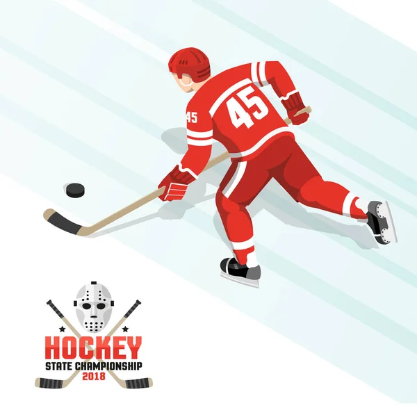 Ice hockey player with puck in red uniform — Stock Vector