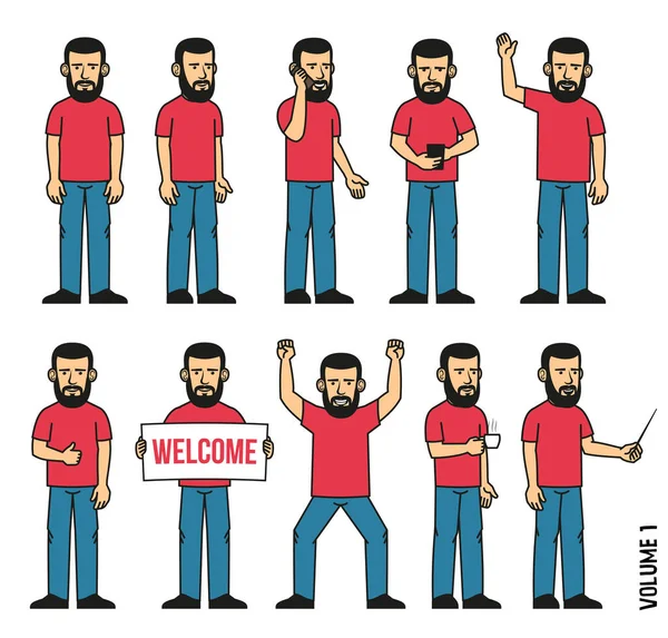 Ensemble de 10 poses d'un homme barbu — Image vectorielle