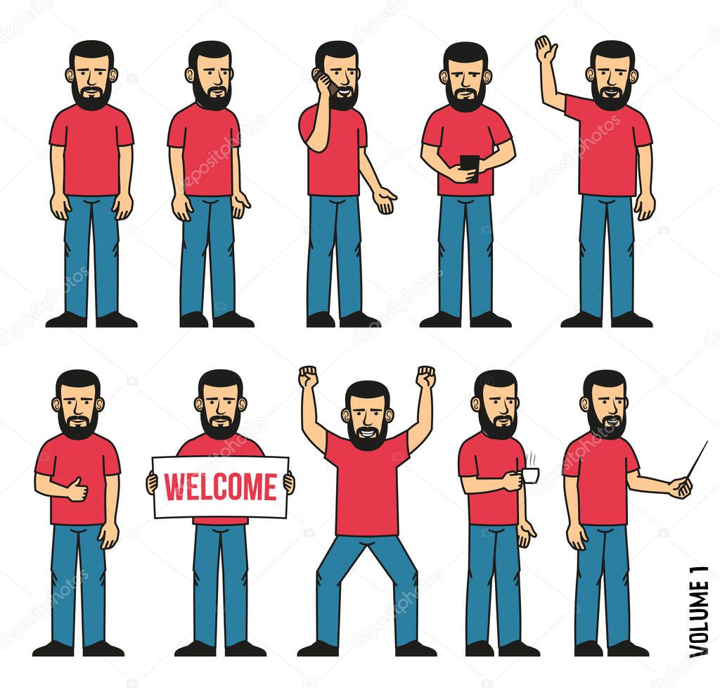 Set of 10 poses of a bearded man