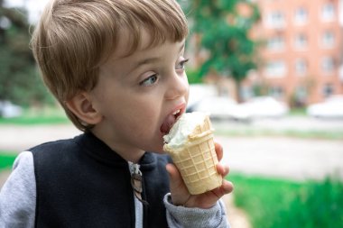 Üç yaşındaki çocuk yeşil ağaçların arka planında dondurma yiyor. Doğadaki aç çocuk. Yaz soğuk tatlısı. yakın plan portre
