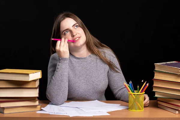 Young Female Student Sitting Table Pencil Her Mouth Thoughtful Look — Stock Photo, Image
