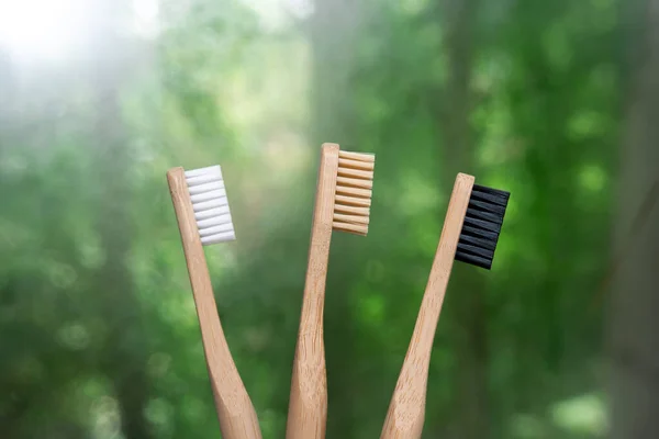 Yeşil Arka Planda Doğal Bambu Diş Fırçası Çok Renkli Kıllar — Stok fotoğraf