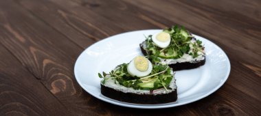 Beyaz tabakta iki sandviç, salatalık ve bıldırcın yumurtası. Ahşap arka plan. Parlak güneş parlıyor. Sağlıklı beslenme. Teslimat seçeneği. taze turp ve kırmızı lahana filizleri. panoramik pankart