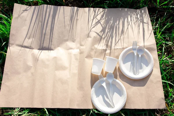 Două Seturi Vase Biodegradabile Unică Folosință Pentru Picnic Aer Liber — Fotografie, imagine de stoc