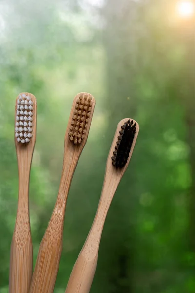 Three Bamboo Toothbrushes Close Green Background Environmentally Friendly Hygiene Items — Stock Photo, Image