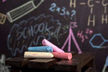 Tebeşir okulunun çok renkli parçaları arkaplanda resim ve formüller çizilmiş..