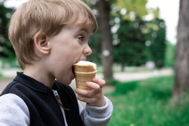 Yaz parkında dondurma yiyen üç yaşında bir çocuk. Arka planda yeşil çimenler ve ağaçlar var. Çocukların en sevdiği tatlı konsepti