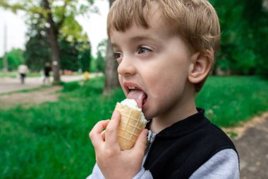 Yaz parkında dondurma yiyen üç yaşında bir çocuk. Arka planda yeşil çimenler ve ağaçlar var. Çocukların en sevdiği tatlı konsepti