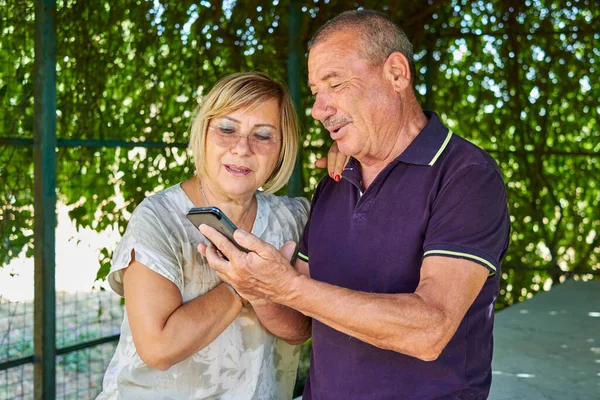 Seniorenpaar nutzt Mobiltelefon, um an einem natürlichen und grünen Ort online etwas zu finden - Konzept aktiver Senioren und Interaktion mit neuen Technologien — Stockfoto