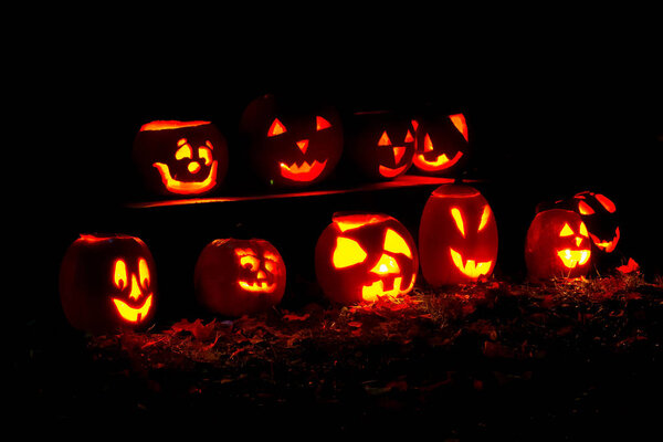 A perfect arrangement of lit pumpkins on Halloween night