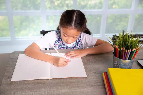 Basisschool meisje lezen en schrijven boek in de klas — Stockfoto