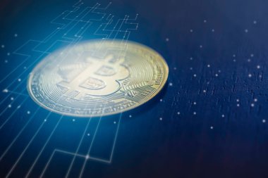 Bitcoin dijital para ile internet ağı bağlantısı grafiği, dijital şifreleme para bozma konsepti