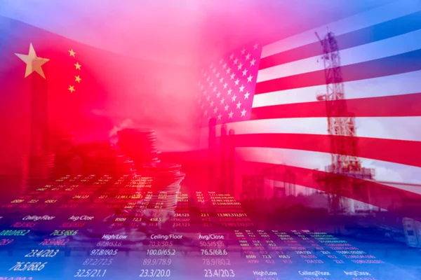 USA and China flag on industrial and money stock index background, America and China Trade war concept