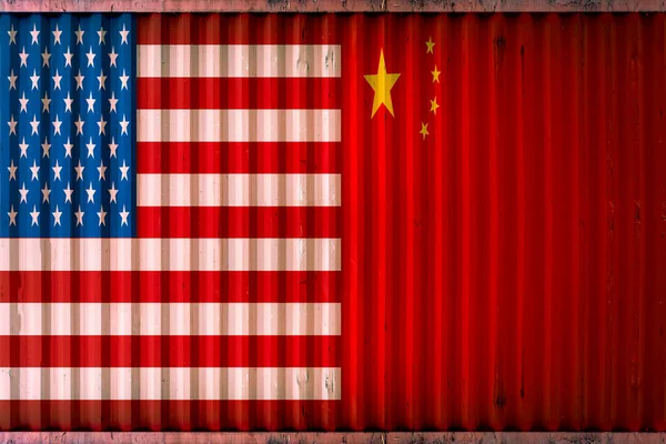 Shipping container with USA and China flag background, United state and China trade war concept