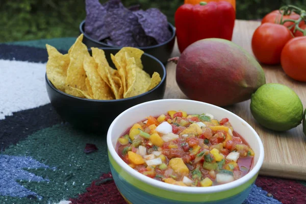 Mango Salsa with Blue and Yellow Corn Chips