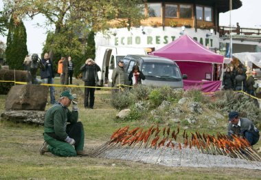 Tihany Macaristan. 24 Ekim 2009. Kırmızı paprika unlu balıklar söğüt şişleri üzerinde parlayan dallar üzerinde. Sonbahar Gardalia Festivali 'ne kızarmış garda balığı (Pelecus cultratus) adı verilir.).