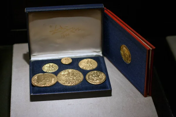 2008年4月8日 西班牙 2009年 达尔剧院和博物馆 装有金币的宝盒 达尔创造了他自己的一套金币 在这些金币中 他与他的妻子加拉一同出现 — 图库照片