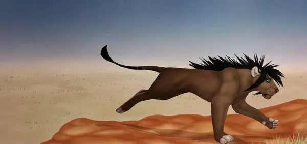 Λέαινα Τρέχει Στην Έρημο Κατά Διάρκεια Της Ημέρας — Φωτογραφία Αρχείου