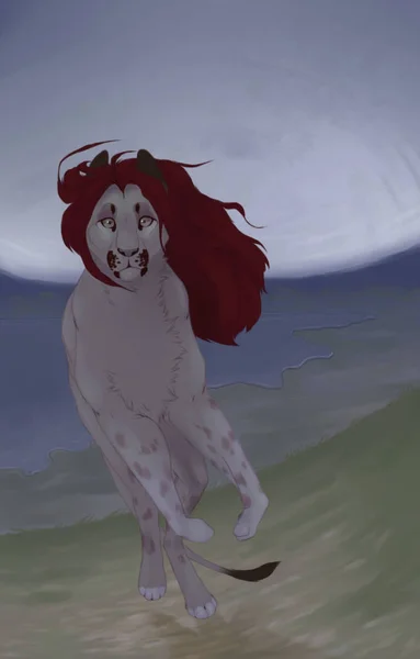 Lion with a red mane runs through the valley at night