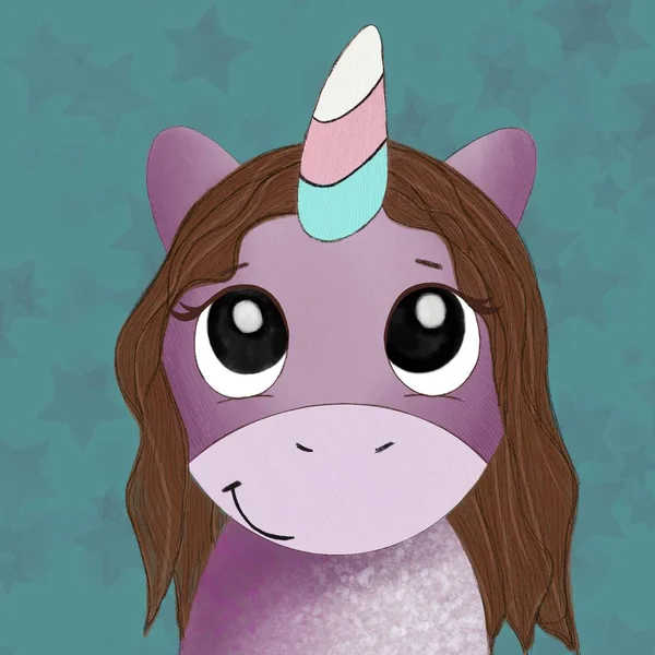 Purple unicorn girl with kind eyes and long hair on a turquoise background. Illustration of a unicorn.Cute illustration.
