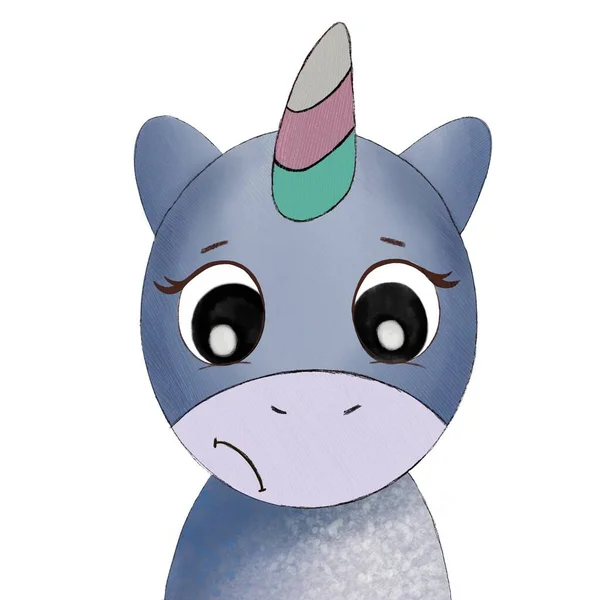 Blue Unicorn Boy Sad Eyes White Background Illustration Unicorn Cute — Stock Photo, Image