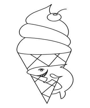 Dondurmalı ve köpekbalıklı çocuklar için vektör boyama sayfası. Küçükler için çocuk boyama. Yazılı malzemelerde ayıklama, çocuklar ve diğer uygulamalar için boya üretimi. Vektör konturu.